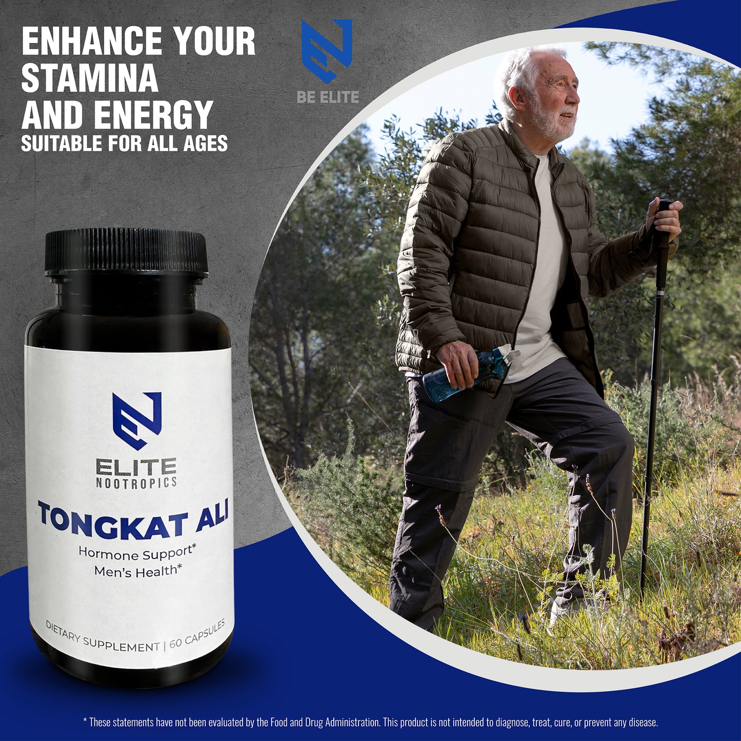 Elite Nootropics Tongkat Ali 400mg, 60 Capsules (60 Servings)